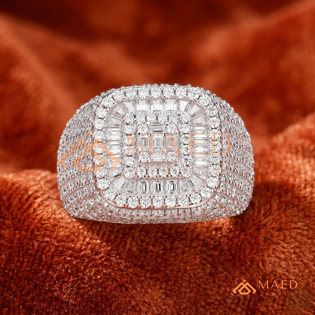 Heavy Multi-Row Baguette & Round Cluster Statement Ring – 14K Gold Wide Pinky Band