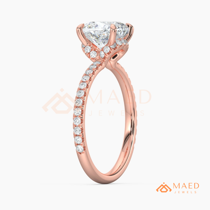 Brilliant Cushion Cut Engagement Ring | Pavé Diamond Band in 14K Gold, Rose Gold & Sterling Silver