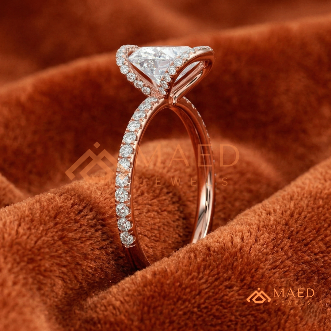 East-West Oval Cut Partial Halo Engagement Ring | 14k Gold, Rose Gold & Sterling Silver Shimmering Accented Band