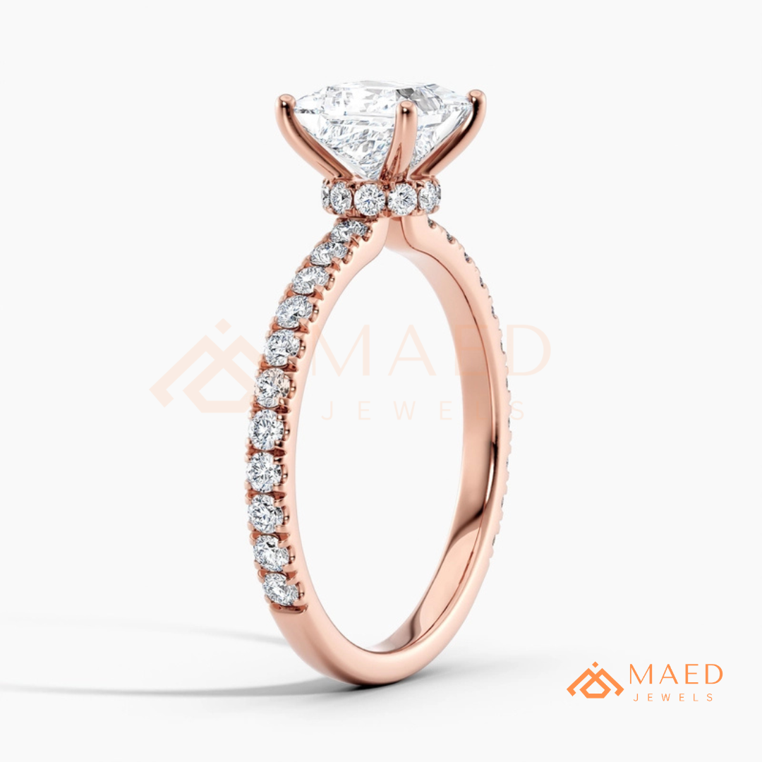Princess Cut Engagement Ring with Pavé Band in Silver, 14K Gold, & 14K Rose Gold