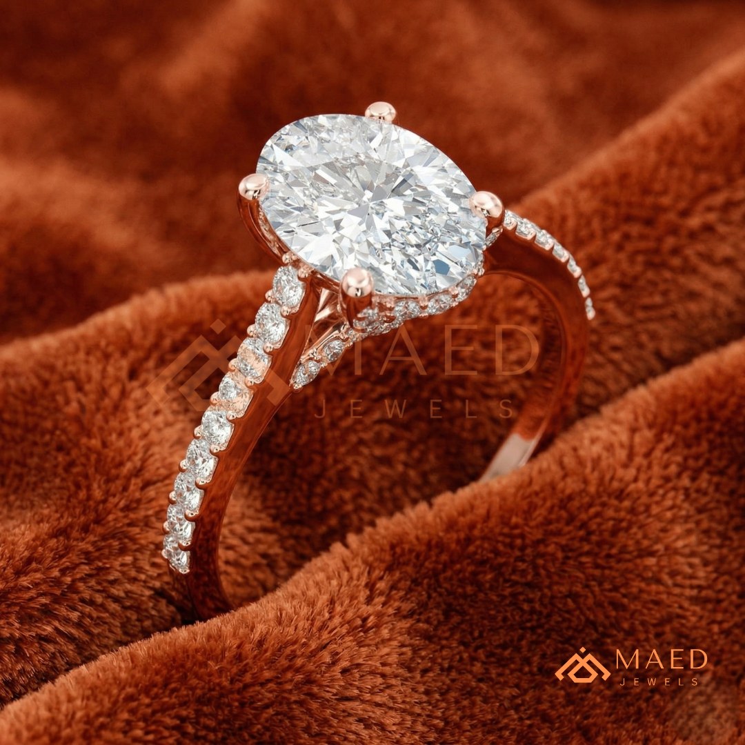 Oval Cut Engagement Ring with Pavé Diamond Band in 14K Gold, Rose Gold & Silver