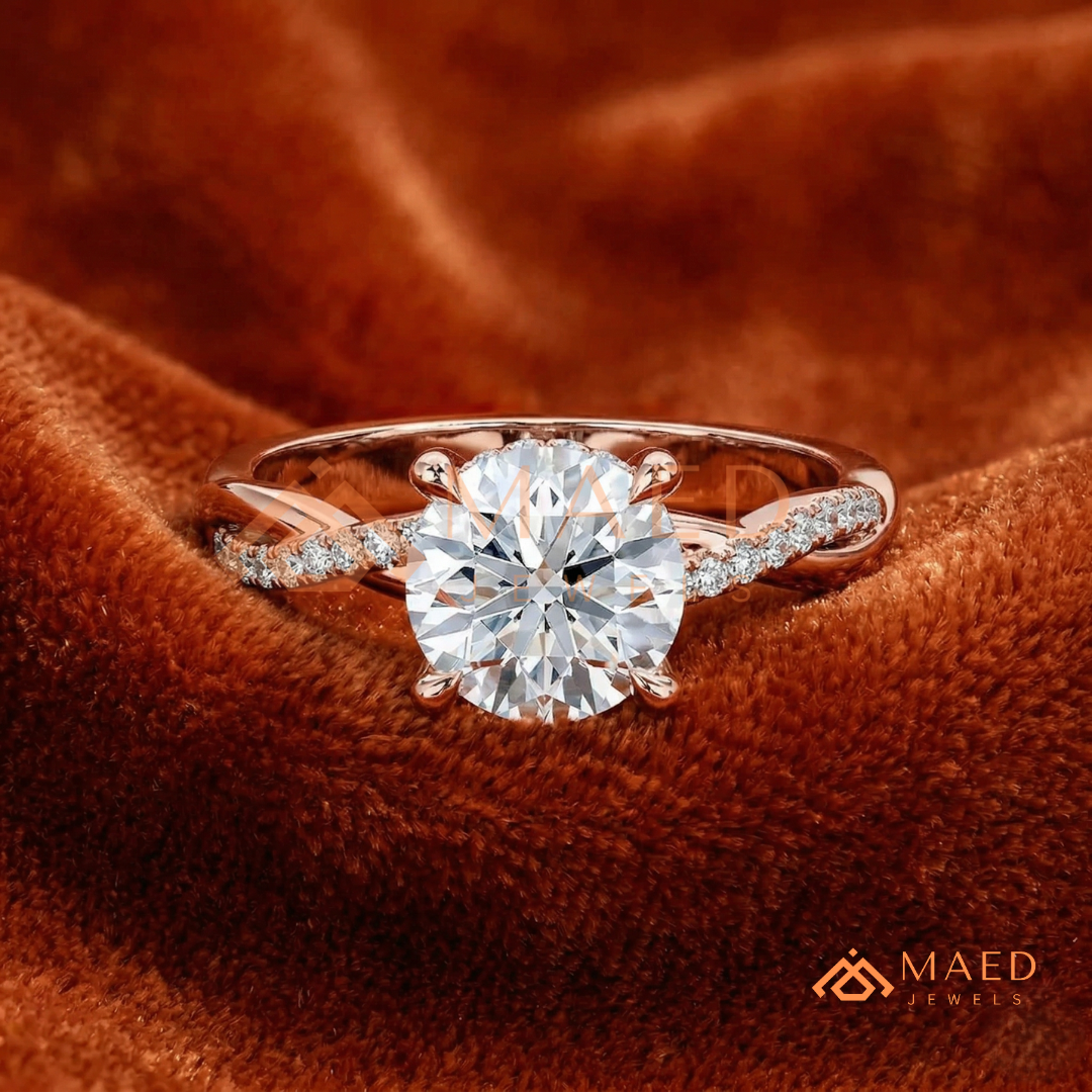 Round Cut Engagement Ring with Twisted Pavé Band in Silver, 14K Gold, & 14K Rose Gold