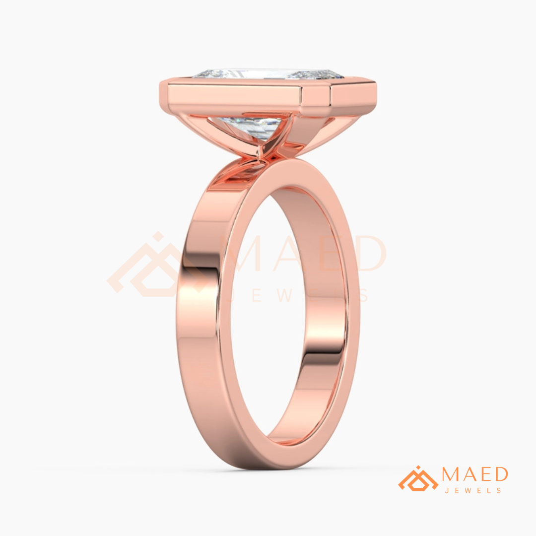 Radiant Cut Bezel Set Engagement Ring with Wide Flat Band in 14K Gold, Rose Gold & Silver
