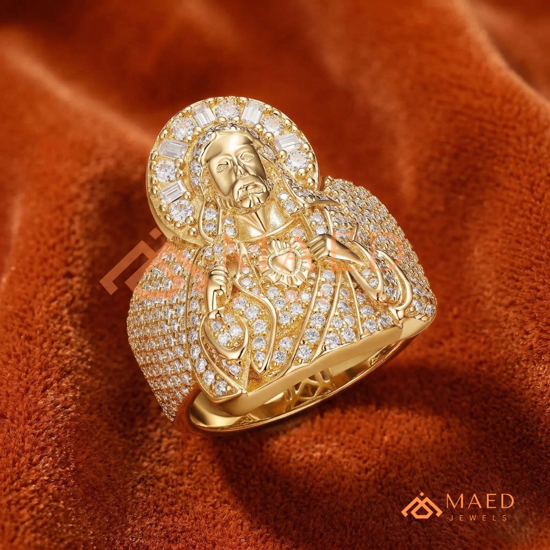 Men's Heavy Pave Crystal Jesus Portrait Ring in 925 Sterling Silver & 14K Gold Finish