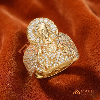 Men's Heavy Pave Crystal Jesus Portrait Ring in 925 Sterling Silver & 14K Gold Finish