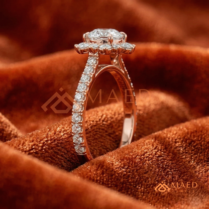 Vintage Starburst Halo Round Cut Engagement Ring with Pave Band in Silver, 14K Gold & Rose Gold