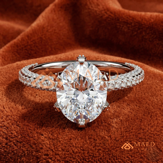 Oval Cut Engagement Ring | Triple Row Micro Pave Band in 14K Gold & Sterling Silver