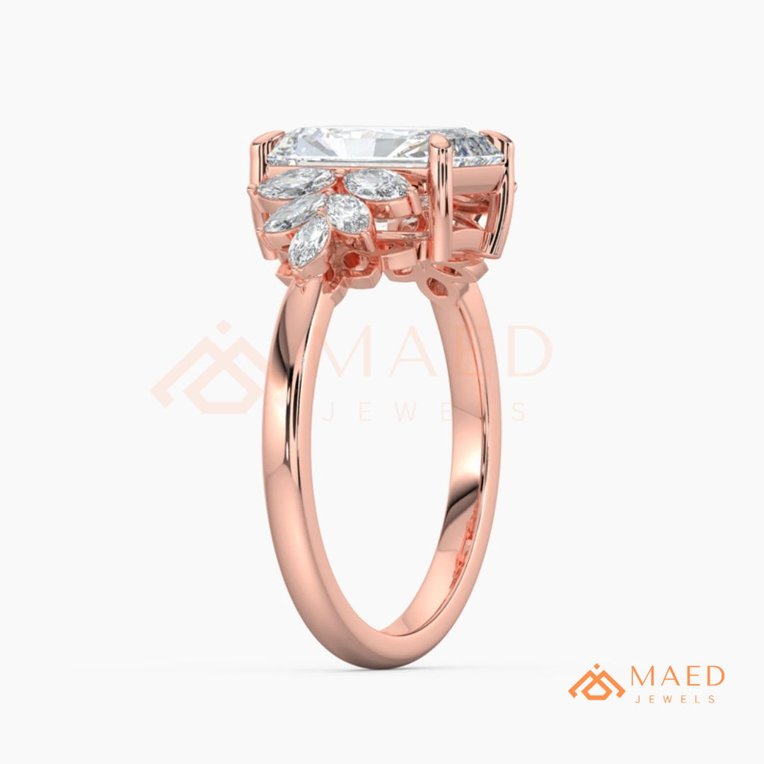 Radiant Cut Engagement Ring with Marquise Diamond Lotus Cluster in 14K Gold, Rose Gold & Silver