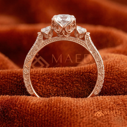 Vintage 3-Stone Round Engagement Ring in 14K Gold, Rose Gold & Silver | Antique Milgrain Pave Moissanite Ring for Women