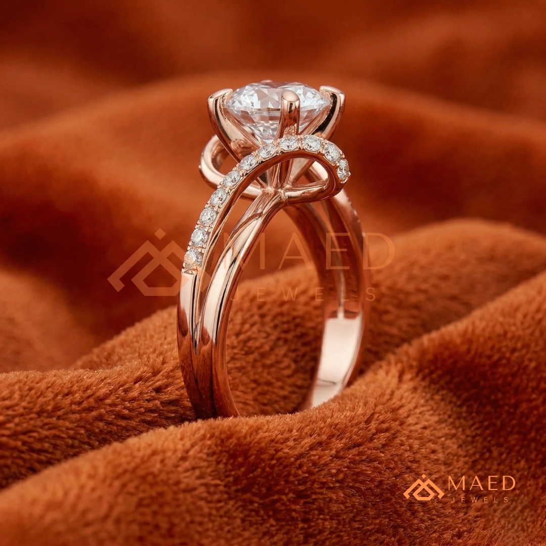 Round Cut Diamond Bypass Engagement Ring in Sterling Silver, 14K Gold & Rose Gold