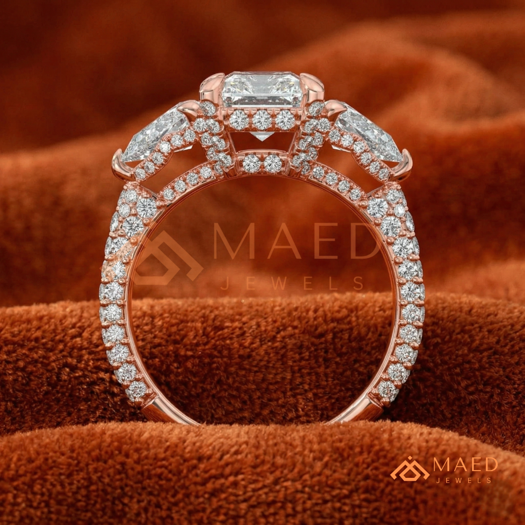 Classic Radiant Cut Three-Stone Engagement Ring with Half-Moon Side Stones in Silver, 14K Gold & Rose Gold