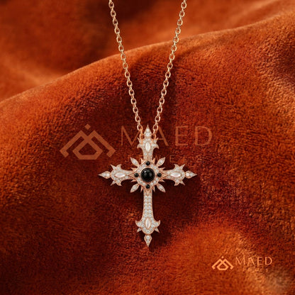 Gothic Onyx & Mother of Pearl Cross Pendant – Vintage Starburst Necklace