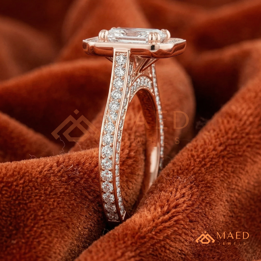 Art Deco Emerald Cut [Gemstone Type] Bezel Halo Ring in 14K Yellow Gold, Rose Gold & Silver