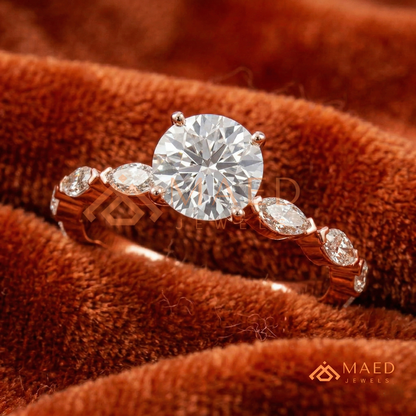 Round Cut Engagement Ring with Marquise Accent Cluster Band in 14K Gold, Rose Gold & Silver