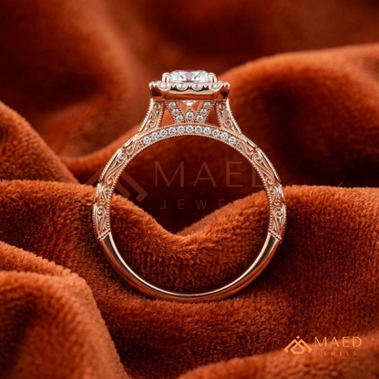 Round Cut Flower Halo Engagement Ring with Pave Band
