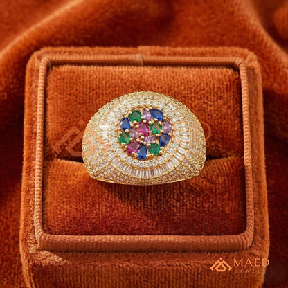 Heavy Multi-Color Iced Medallion Ring – 925 Silver, 14K Gold & Rose Gold