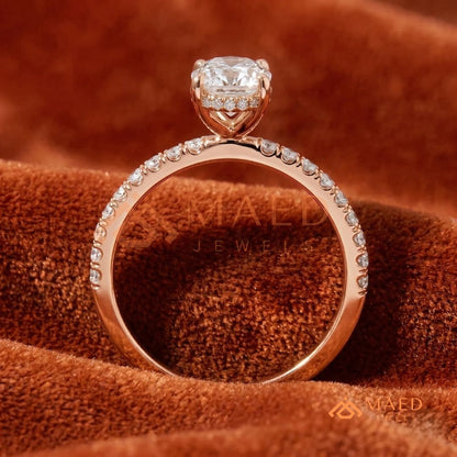 Oval Cut Solitaire Band with Pavé Shank – Silver, 14K Yellow & Rose Gold)