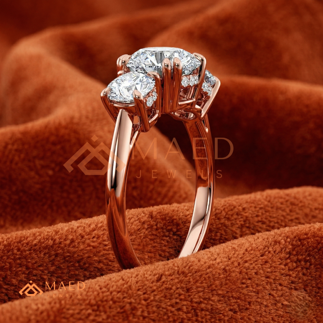 Three-Stone Round Cut Engagement Ring | Classic Trilogy Setting in 14K Gold, Rose Gold & Silver
