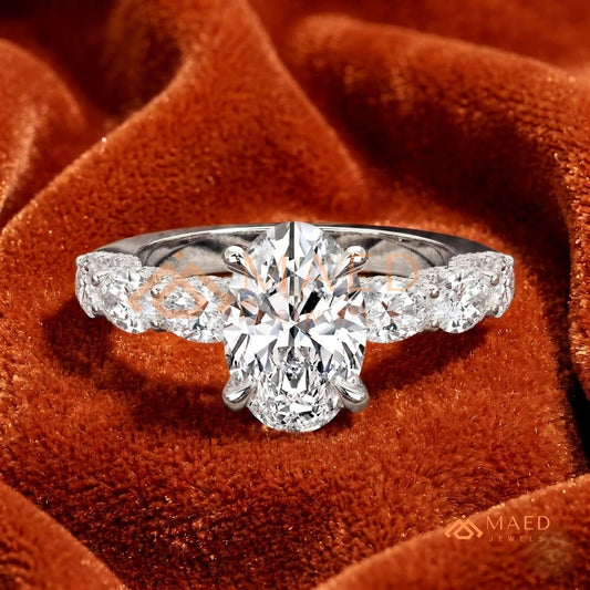 Oval Cut Engagement Ring with Large Round Accent Band | 14K Gold & Silver Shared Prong