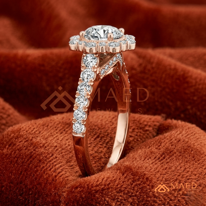 Round-Cut Halo Engagement Ring with Marquise-Accented Side Stones