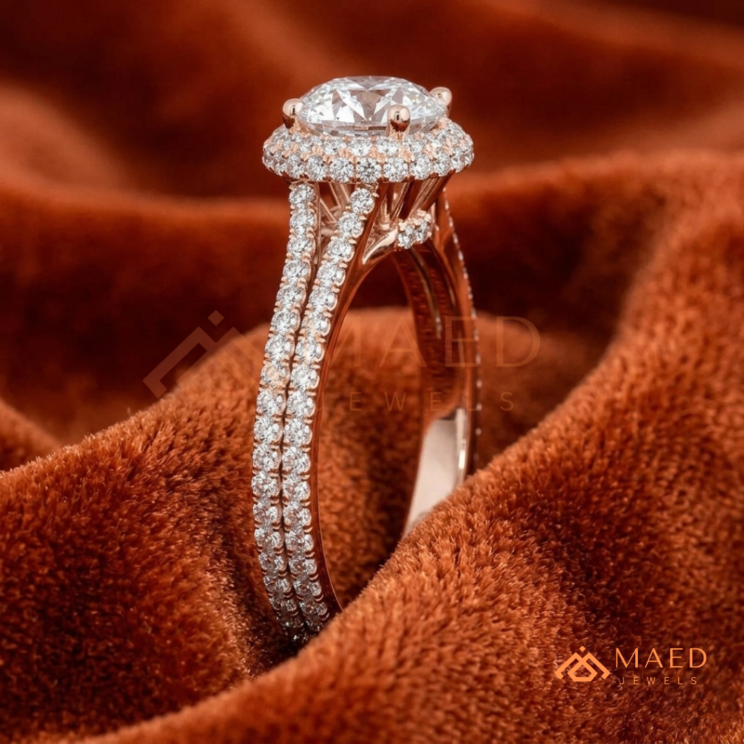 Round-Cut Halo Engagement Ring with Split-Shank Pavé Band