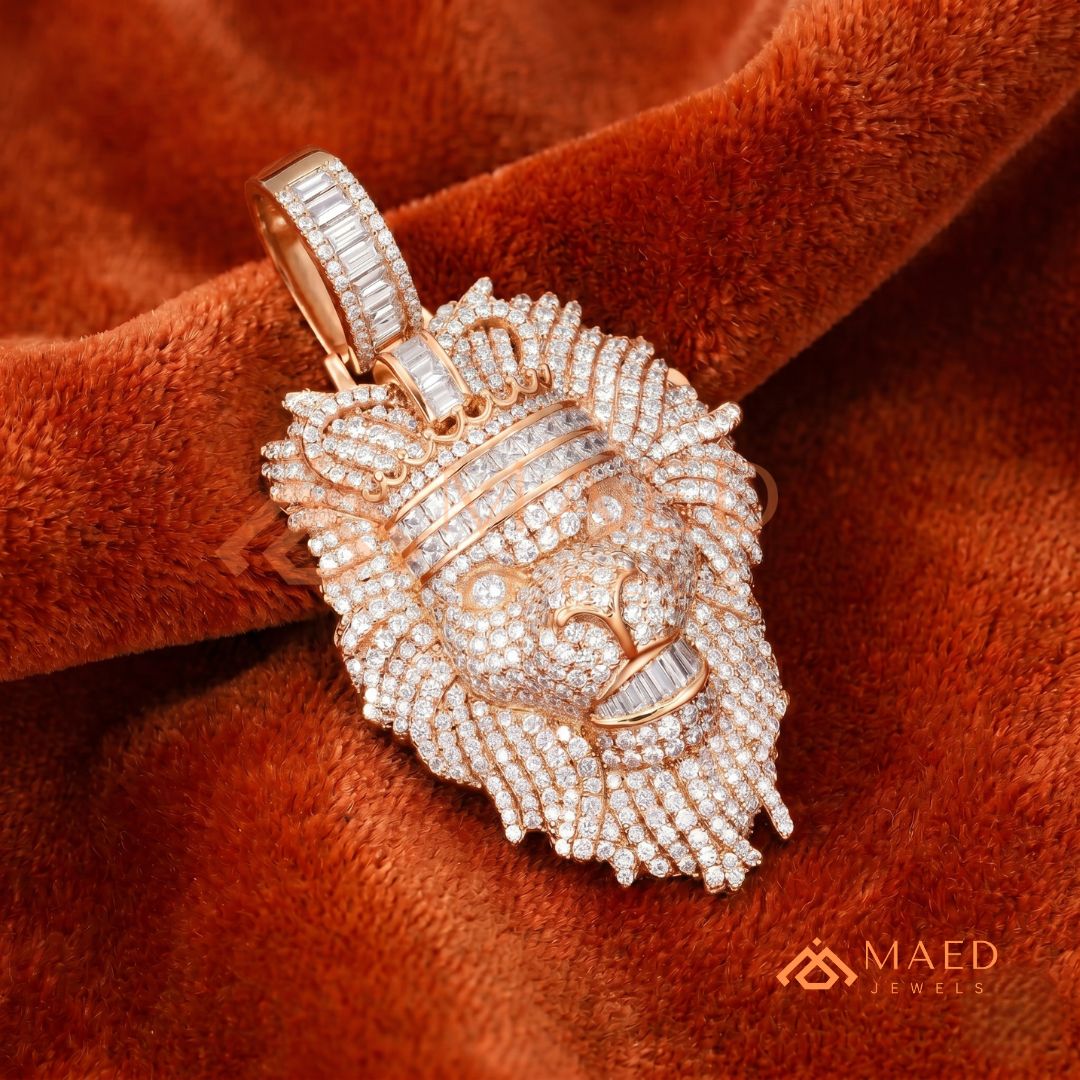 Iced Out King Lion Head Pendant – 14K Gold, Rose Gold & Silver Baguette Crown Hip Hop Charm