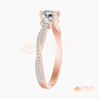 Round Cut 3-Stone Engagement Ring with Twisted Pavé Band in Silver, 14K Gold, & 14K Rose Gold