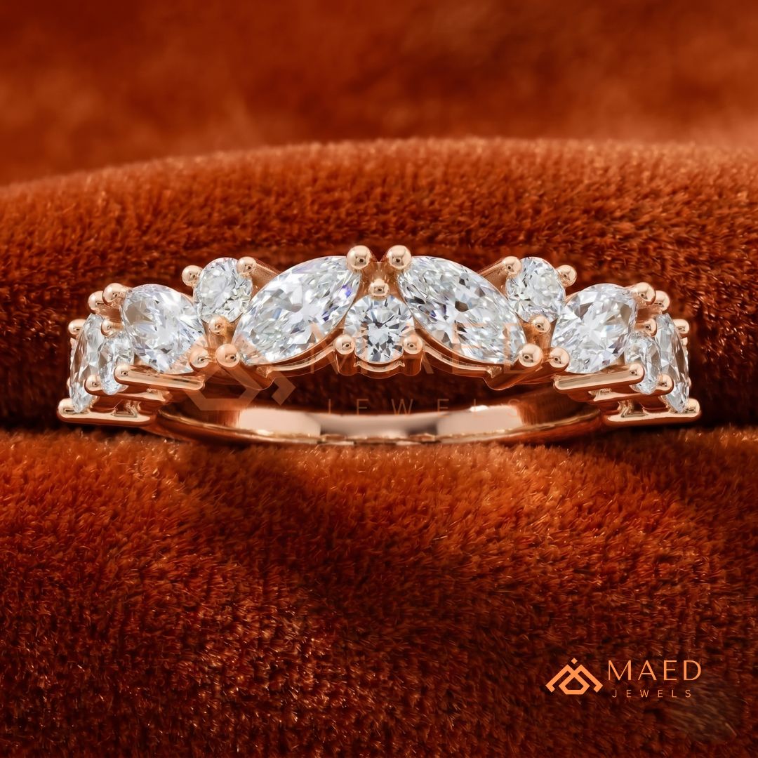 Marquise Diamond Cluster Stackable Anniversary Band – Silver, Yellow & Rose Gold