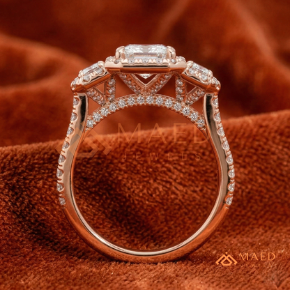 Three-Stone Emerald Cut Halo Engagement Ring | Triple Row Pave Band in 14K Gold & Silver