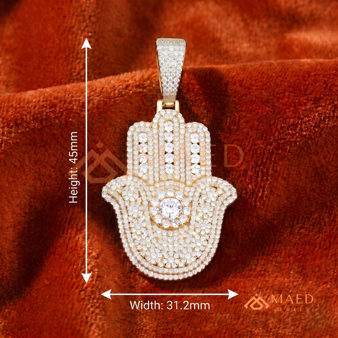 Iced-Out Hamsa Hand Pendant – Micro-Pave Diamond Finish in Silver, 14k Gold, 14k Rose Gold