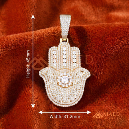 Iced-Out Hamsa Hand Pendant – Micro-Pave Diamond Finish in Silver, 14k Gold, 14k Rose Gold