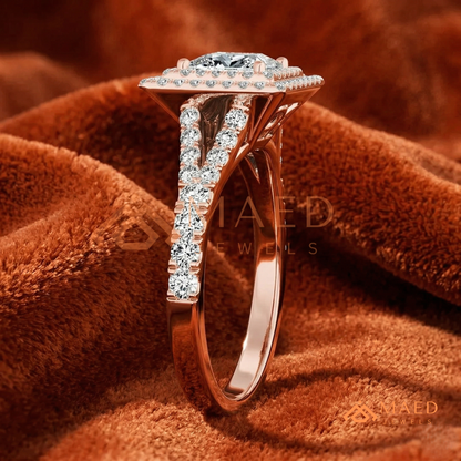 Vintage Oval Cut Geometric Shield Ring | Marquise & Round Pavé Chevron Band