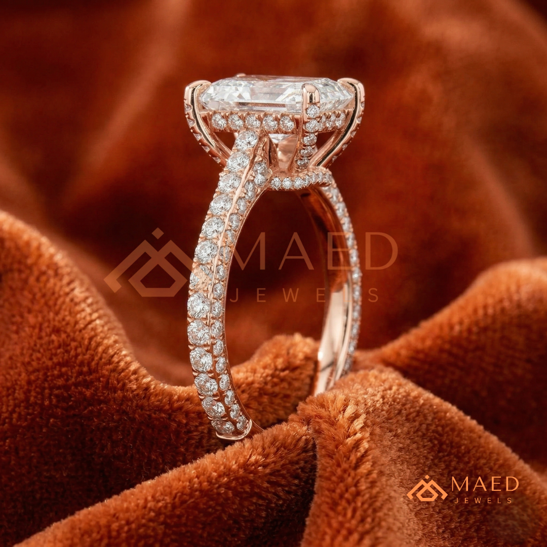 Radiant Cut Engagement Ring with Three-Row Pavé Band | 14k Gold, Rose Gold & Silver