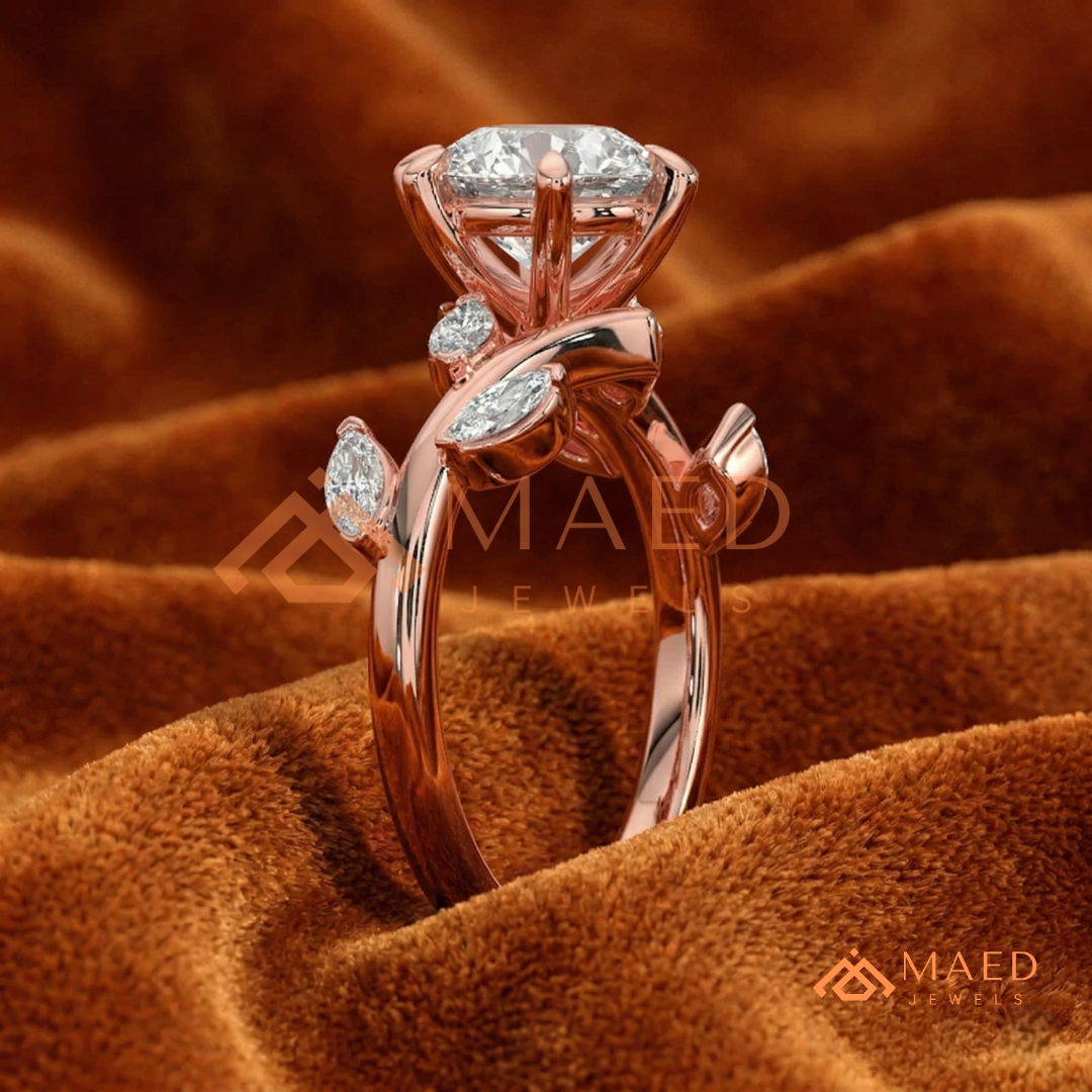 Nature Inspired Round Moissanite Engagement Ring, 6-Prong Marquise Leaf Twig Wedding Ring in Silver, 14K Gold & Rose Gold