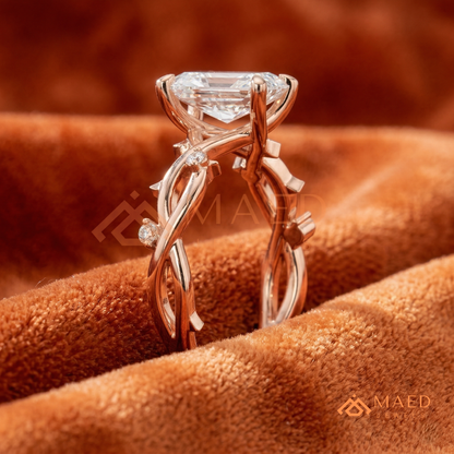 Enchanted Vine Radiant Cut Ring | Nature-Inspired Branch Wedding Band | 14K Gold, Rose Gold & Sterling Silver