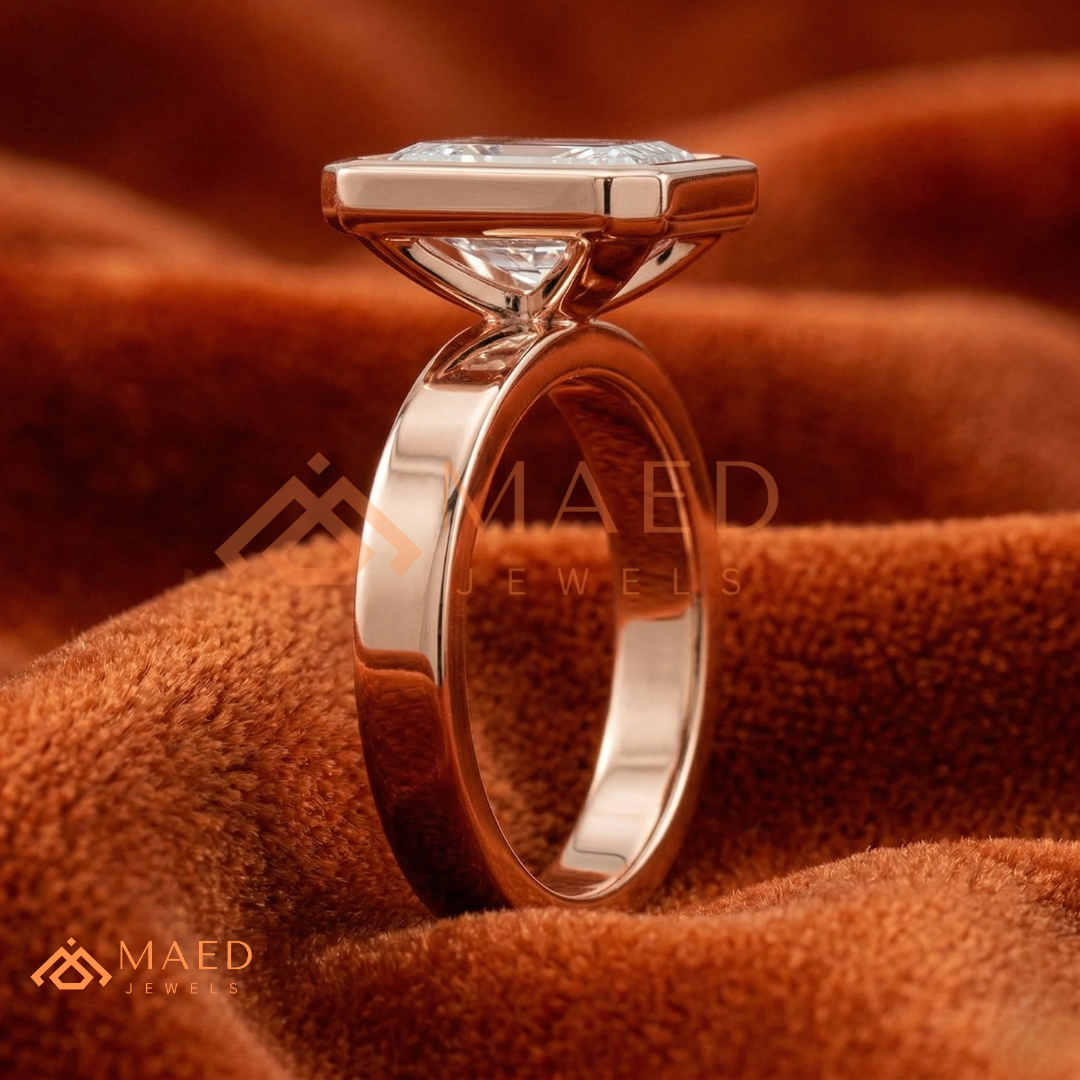 Radiant Cut Bezel Set Engagement Ring with Wide Flat Band in 14K Gold, Rose Gold & Silver