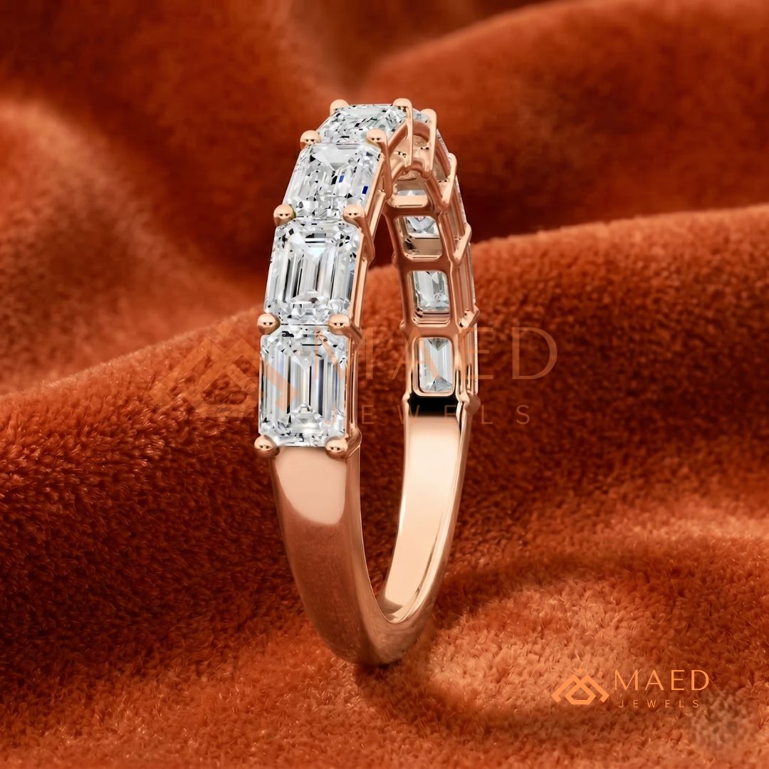 7-Stone Emerald Cut Diamond Wedding Band in Silver, 14K Yellow & Rose Gold