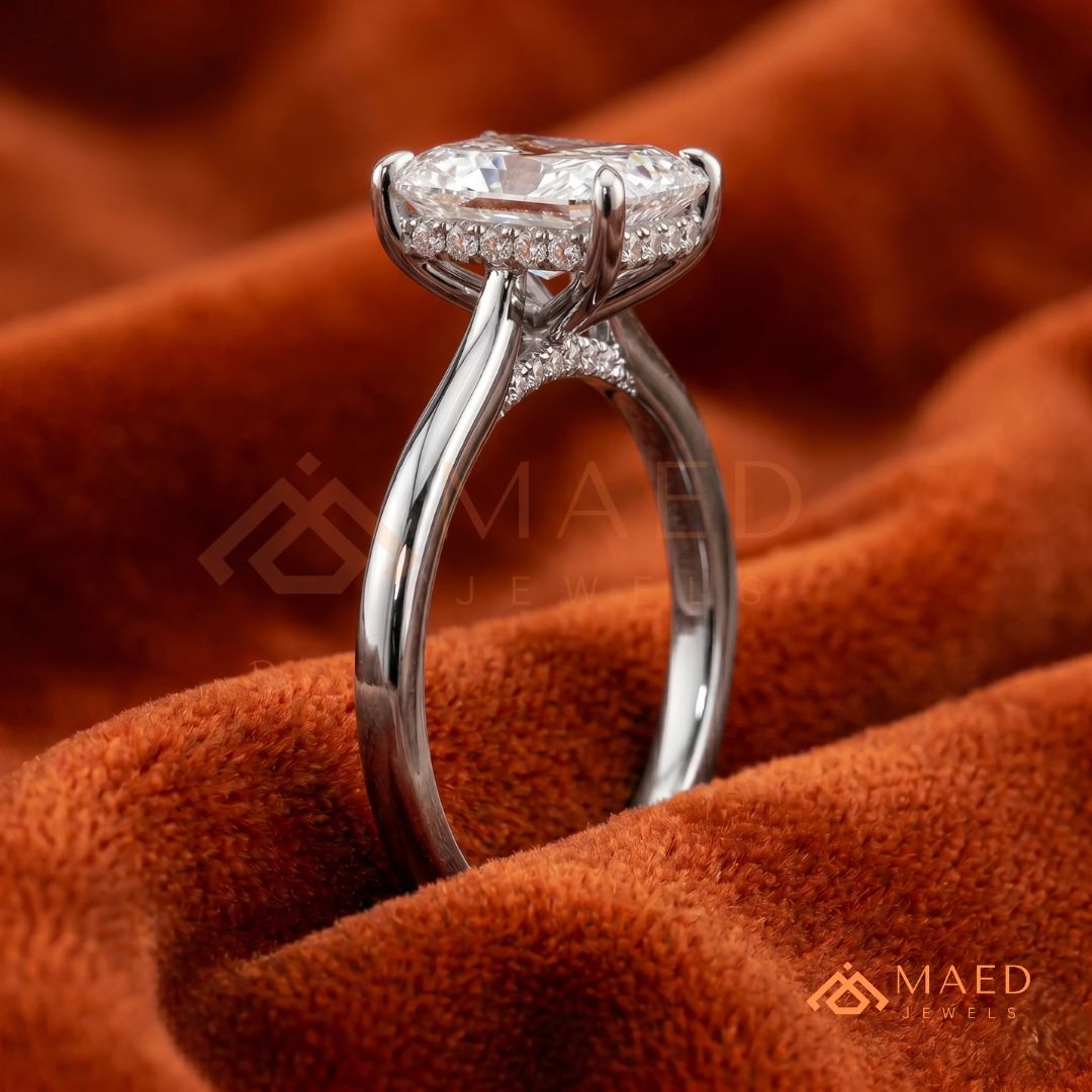 Classic Radiant Cut Solitaire Engagement Ring with Hidden Halo in Silver, 14K Gold & Rose Gold