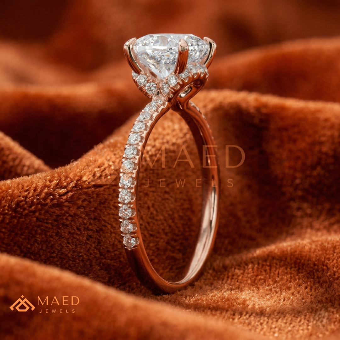 Brilliant Cushion Cut Engagement Ring | Pavé Diamond Band in 14K Gold, Rose Gold & Sterling Silver
