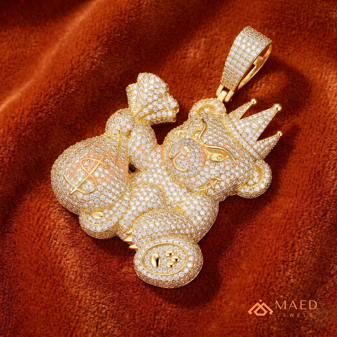 Fully Flooded 3D Money Bear Charm – Rich Teddy Stacks Pendant
