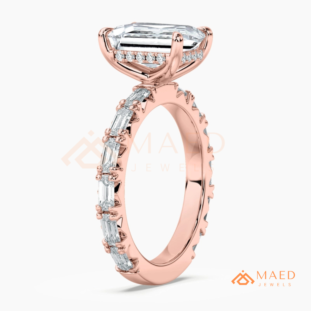 Classic Emerald Cut Solitaire Ring with Emerald Band Eternity Shank