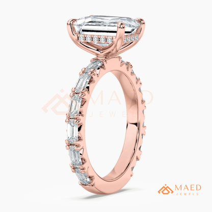 Classic Emerald Cut Solitaire Ring with Emerald Band Eternity Shank