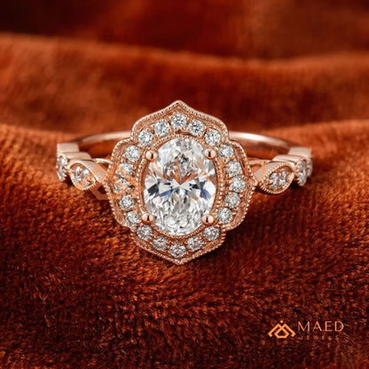 Vintage Oval Cut Art Deco Halo Engagement Ring | Milgrain Band in 14k Gold & Silver