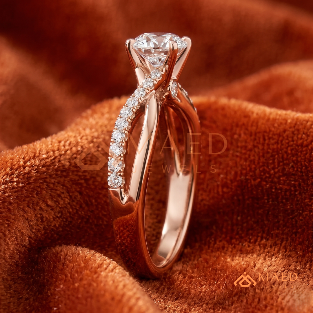 Round Cut Twisted Vine Engagement Ring in 14K Gold, Rose Gold & Sterling Silver | Infinity Pave Wedding Band