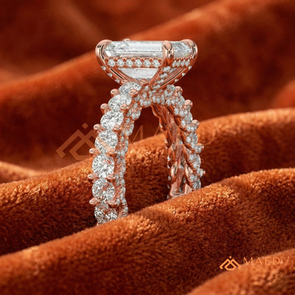 Emerald Cut Engagement Ring with Large Round Accent Band in Silver, 14K Gold, & 14K Rose Gold