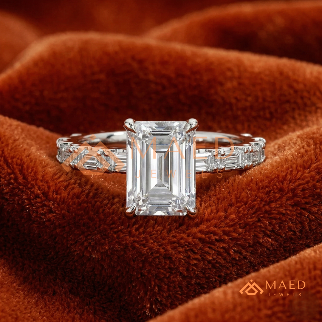 Classic Emerald Cut Solitaire Ring with Emerald Band Eternity Shank
