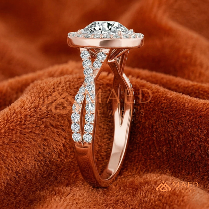 Round Halo Engagement Ring with Twisted Pavé Band – Sterling Silver, 14K Gold, or 14K Rose Gold