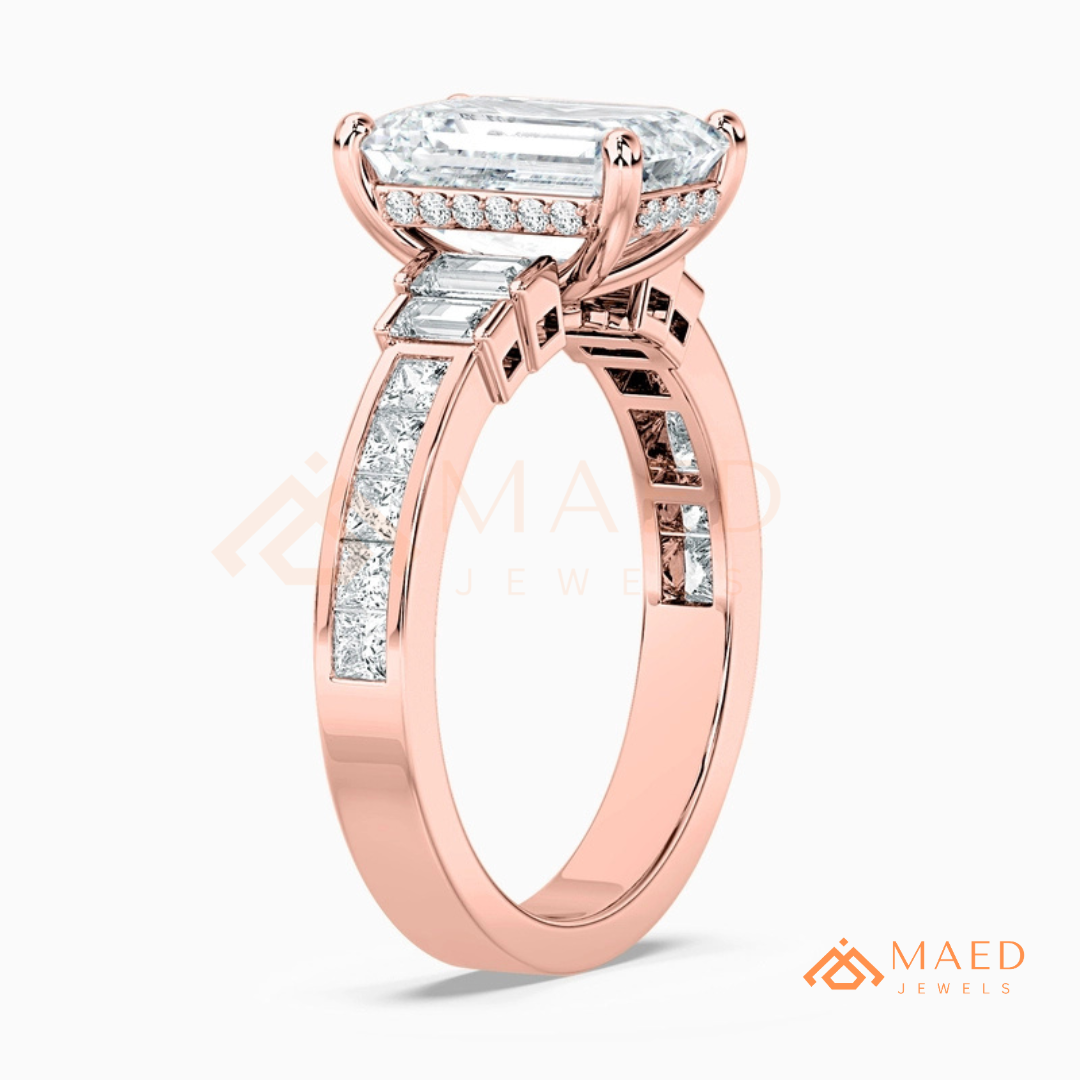 Emerald Cut Three-Stone Ring with Baguette and Channel Princess Band in Silver, 14K Gold, & 14K Rose Gold