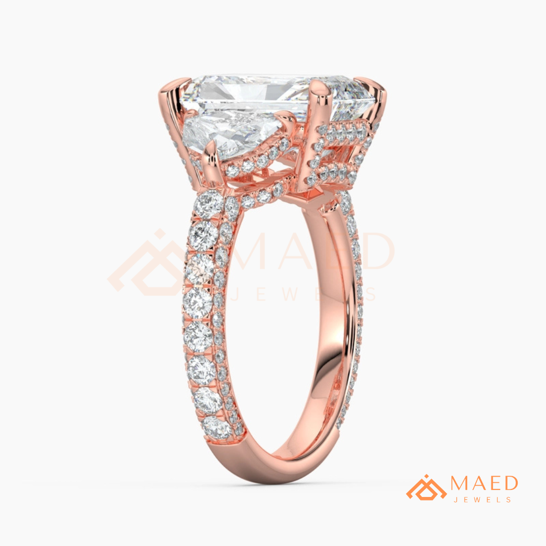 Classic Radiant Cut Three-Stone Engagement Ring with Half-Moon Side Stones in Silver, 14K Gold & Rose Gold