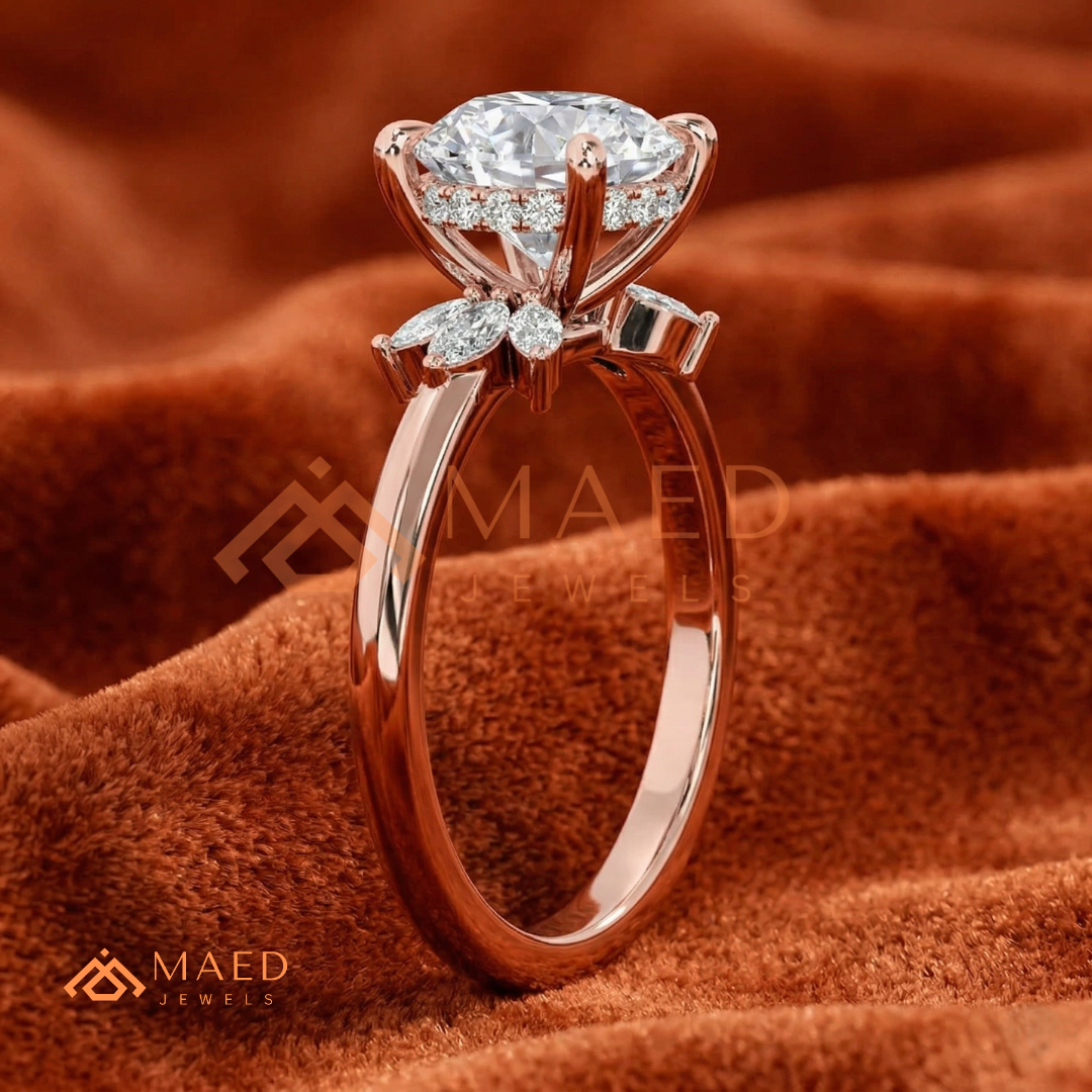 Round Brilliant Cut Ring with Marquise Floral Cluster | 14k Gold, Rose Gold & Silver